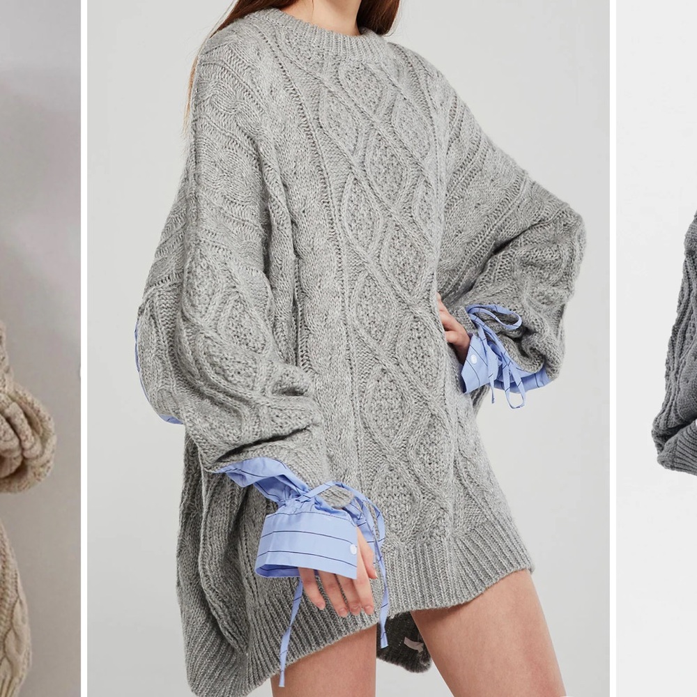 Storets Gray and Blue Crew Neck Sweater with Balloon Sleeves